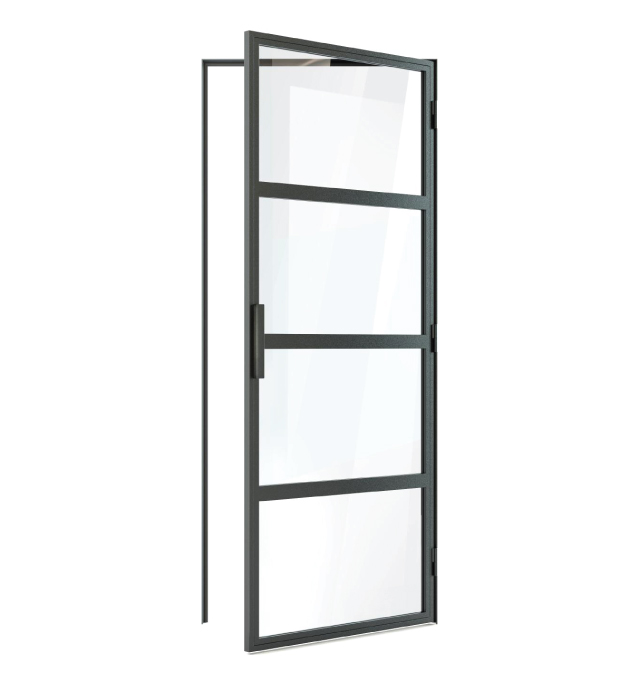 Black framed glass internal door with three horizontal bars and minimalist handle, shown open on white background – Arden steel-style interior door.